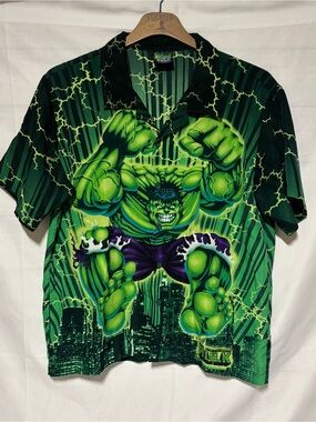 Vintage 2002 Marvel Incredible Hulk All Over Print Button Up Shirt XL Y2K